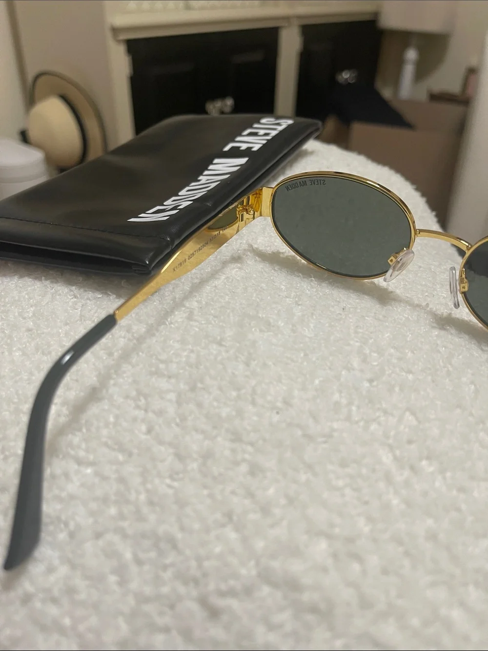 Steve Madden Gold Frame Sunglasses with Dark Green Lenses and Black Pouch